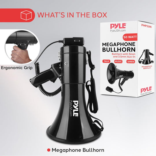 Pyle 50W Megaphone Bullhorn with Siren, Aux Input & Handheld Mic - view 8