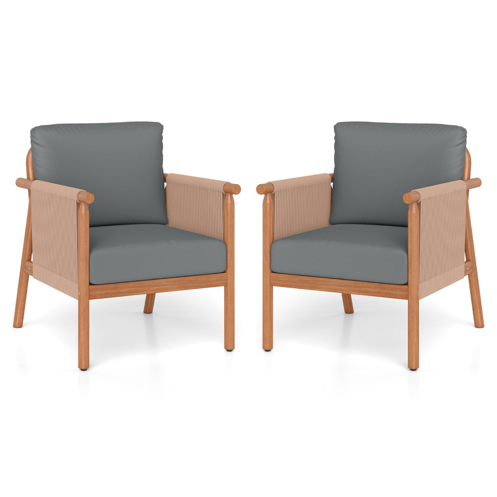 Patio Acacia Wood Chair Set of 2 with Woven Rope Armrests and Seat Back Cushions for Backyard