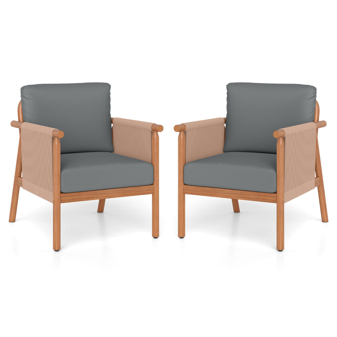 Patio Acacia Wood Chair Set of 2 with Woven Rope Armrests and Seat Back Cushions for Backyard
