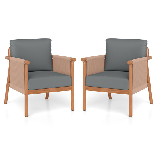 Patio Acacia Wood Chair Set of 2 with Woven Rope Armrests and Seat Back Cushions for Backyard