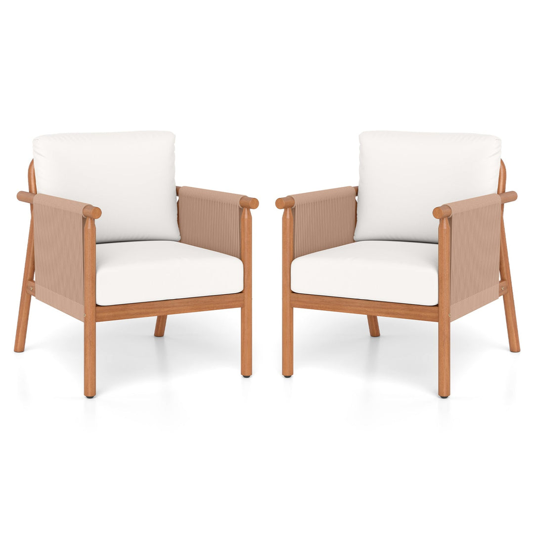 Patio Acacia Wood Chair Set of 2 with Woven Rope Armrests and Seat Back Cushions for Backyard