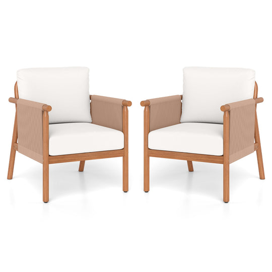 Patio Acacia Wood Chair Set of 2 with Woven Rope Armrests and Seat Back Cushions for Backyard