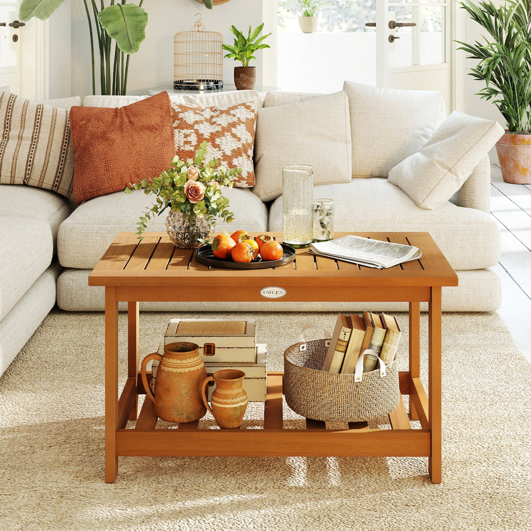 Patio Acacia Wood Coffee Table 2-Tier Rectangular Center Table