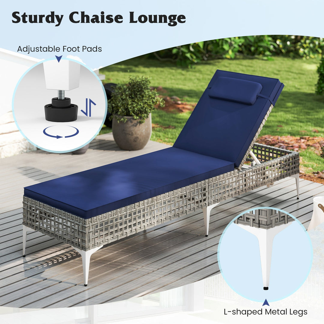 2 Pieces Patio Chaise Lounge Chair with 6-Level Adjustable Backrest and Headrest for Poolside-Navy