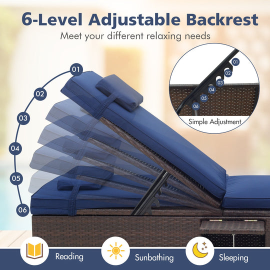Outdoor PE RattanChaise Lounge with 6-level Backrest