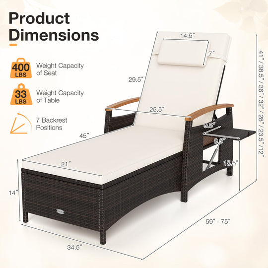 Adjustable Patio Chaise Lounge with Removable Cushion & Side Table