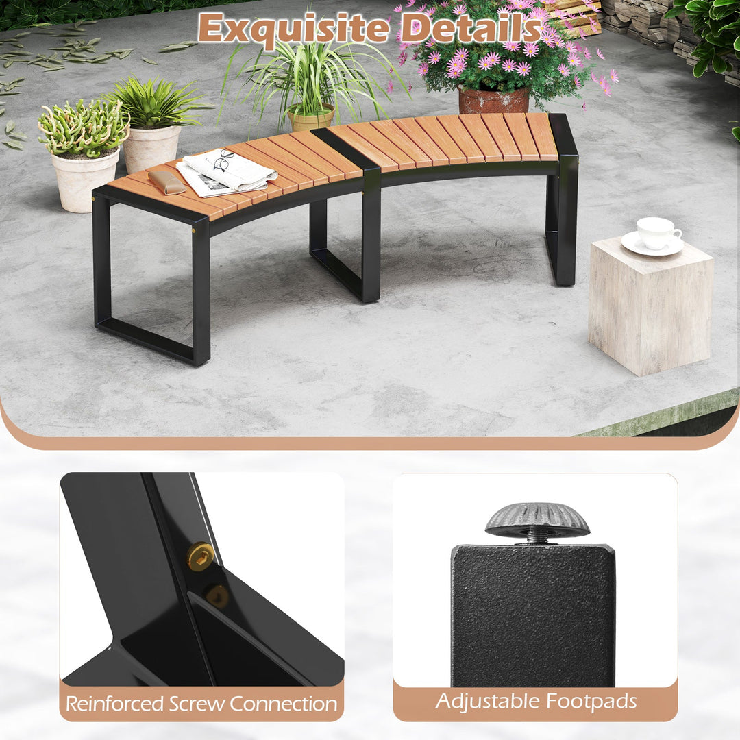 Patio Curved Bench with Slatted Seat and Metal Legs