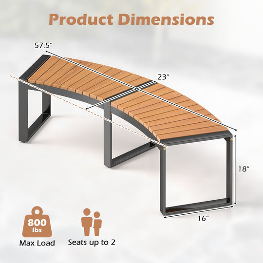 Patio Curved Bench with Slatted Seat and Metal Legs