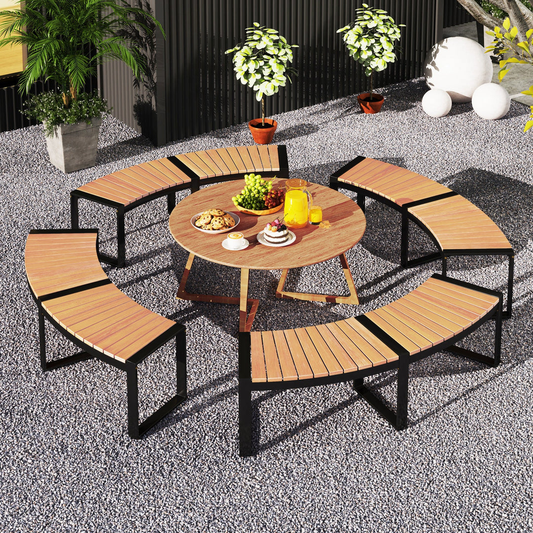 Patio Curved Bench with Slatted Seat and Metal Legs