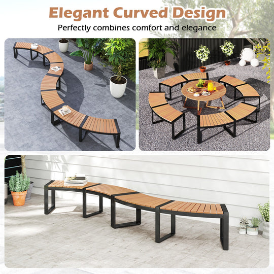 Patio Curved Bench with Slatted Seat and Metal Legs