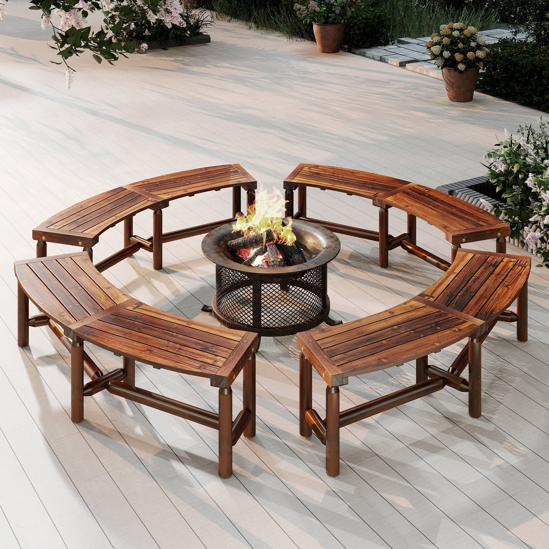 Patio Curved Bench Solid Wood Fire Pit Bench Outdoor Backless Loveseat