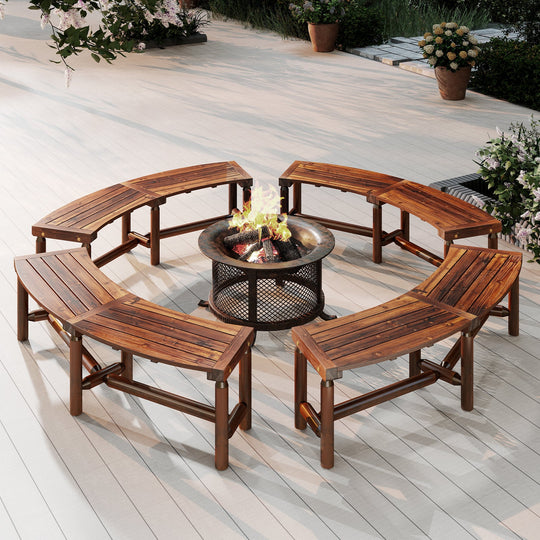 Patio Curved Bench Solid Wood Fire Pit Bench Outdoor Backless Loveseat