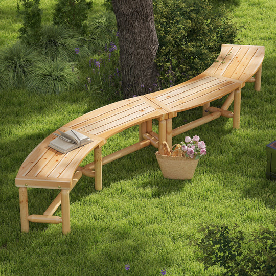 Patio Curved Bench Solid Wood Fire Pit Bench Outdoor Backless Loveseat