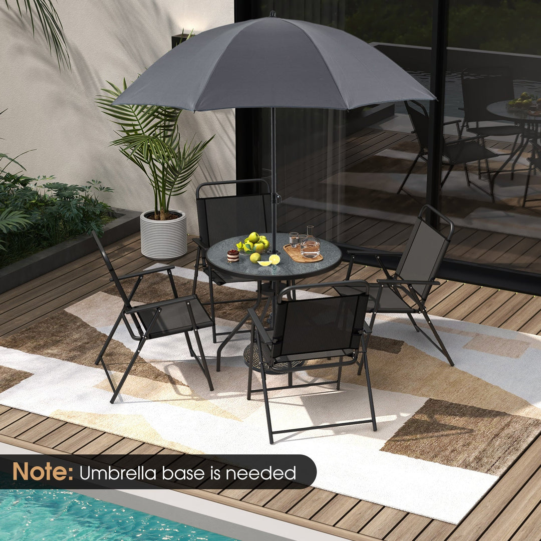 6 Pieces Patio Dining Set Folding Chairs Glass Table Tilt Umbrella for Garden