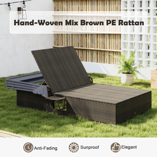 Patio Double Chaise Lounge with Shade Cushions and Folding Side Trays