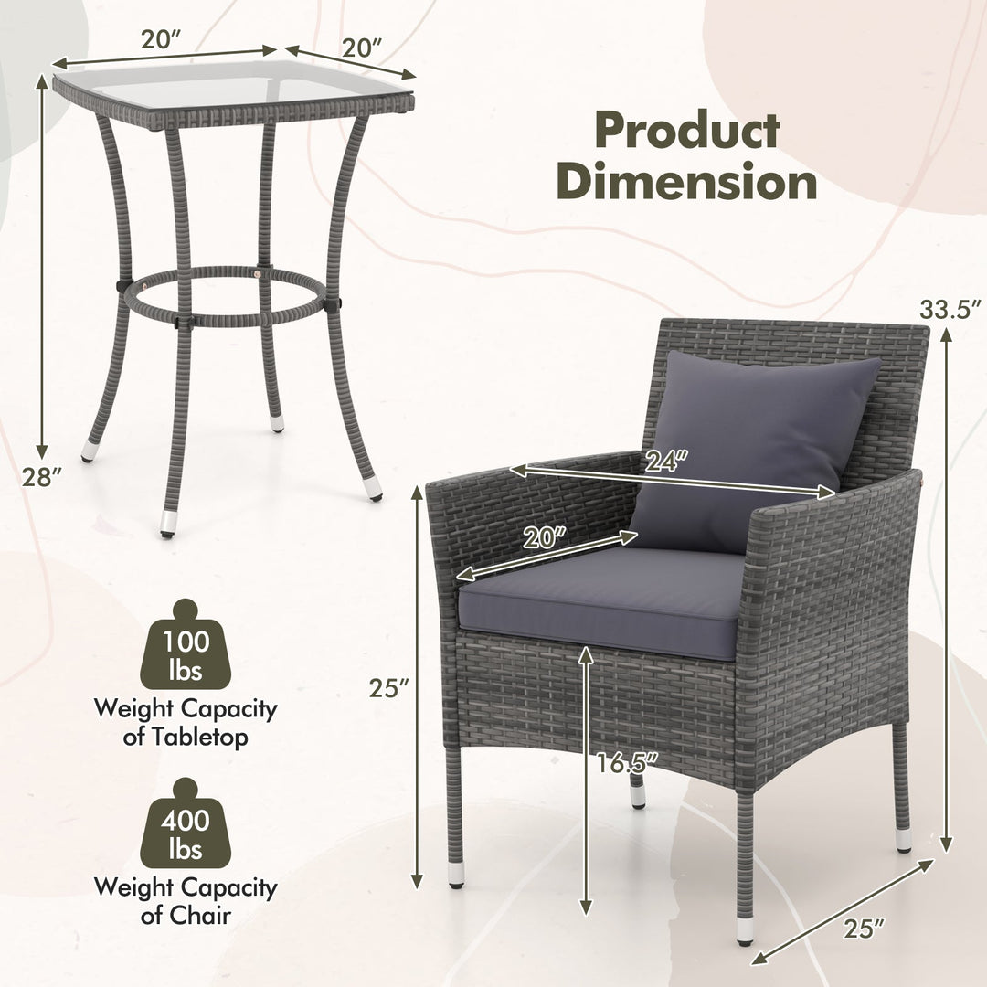3 Pieces Patio Furniture Set with Cushioned Patio Chairs and Tempered Glass Coffee Table
