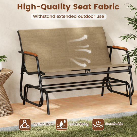 Patio Glider Bench with Curved Teak Armrests and Breathable Fabric Seat for 2 People-Brown