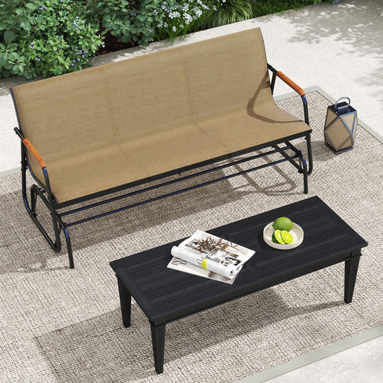 Patio Glider Bench with Curved Teak Armrests and Breathable Fabric Seat for 3 People-Brown