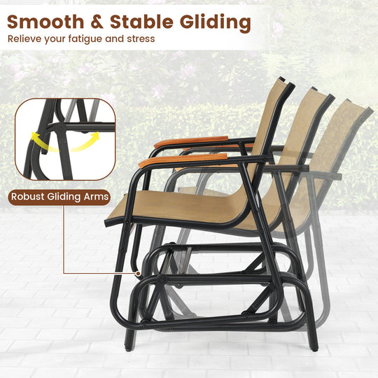 Patio Glider Chair Set of 2 with Curved Teak Armrests and Breathable Fabric Seat-Brown