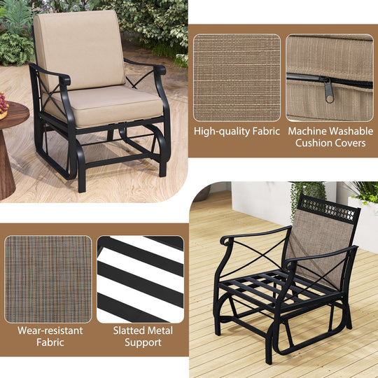 Patio Glider Rocking Chair with Metal Frame and Thick Cushions-Brown