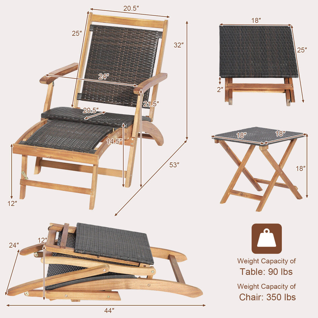 2 Pieces Patio Rattan Folding Lounge Chair with Acacia Wood Table
