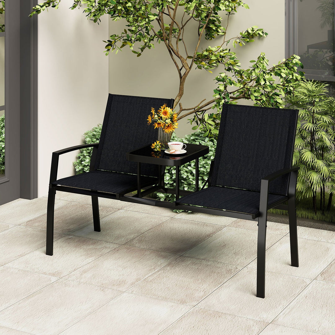 Patio Loveseat with Built-in Table with Breathable Fabric Back-Black
