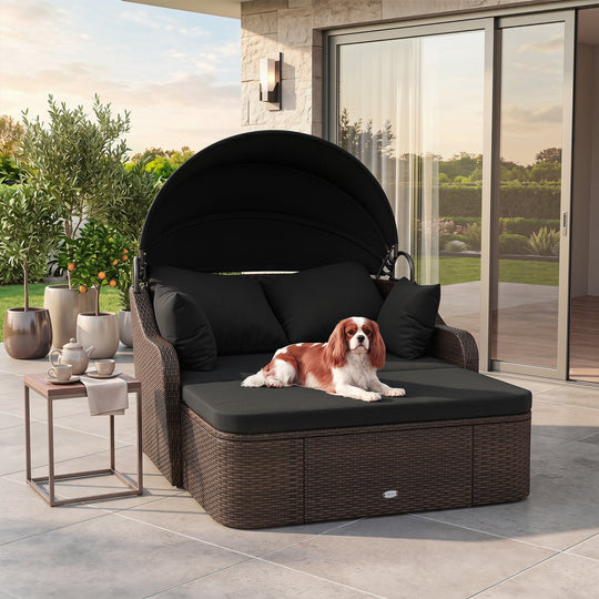 Outdoor Rattan Daybed with Retractable Canopy and Cushions
