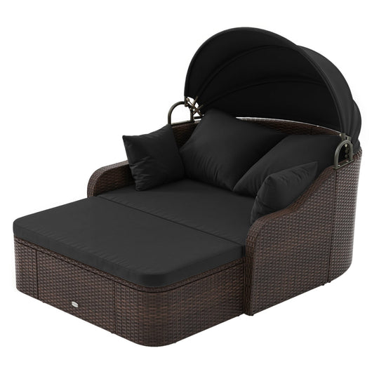 Outdoor Rattan Daybed with Retractable Canopy and Cushions