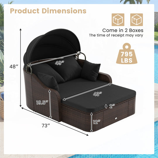 Outdoor Rattan Daybed with Retractable Canopy and Cushions