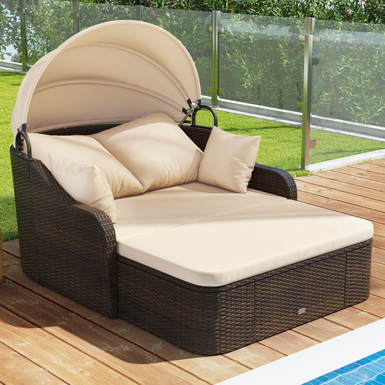 Patio PE Rattan Daybed with Retractable Canopy and Soft Cushions-Beige