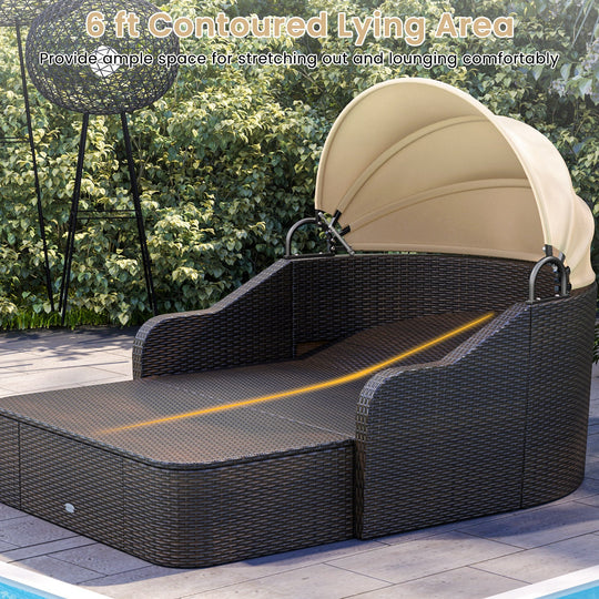Patio PE Rattan Daybed with Retractable Canopy and Soft Cushions-Beige