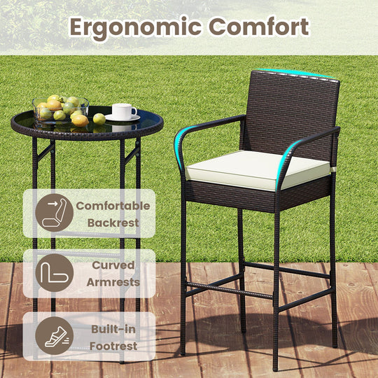 Patio Rattan Bar Height Table and Chairs with 2 Seat Cushions for Porch-White