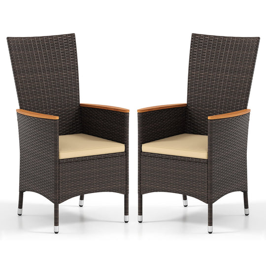 Patio Rattan Chairs Set of 2 Outdoor Wicker Dining Chairs with High Backrest-Beige
