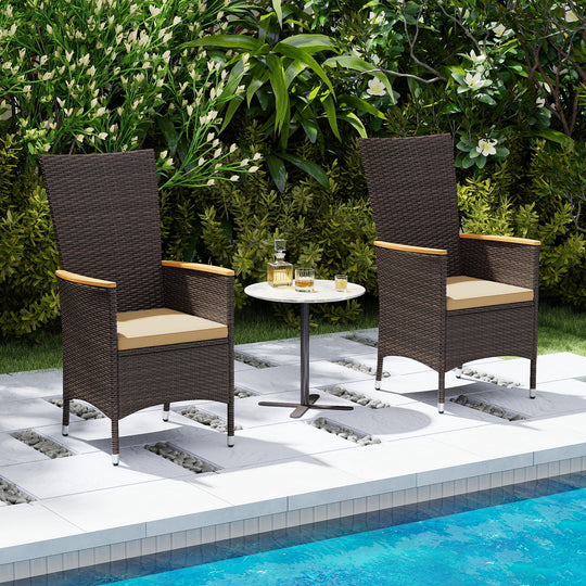 Patio Rattan Chairs Set of 2 Outdoor Wicker Dining Chairs with High Backrest-Beige