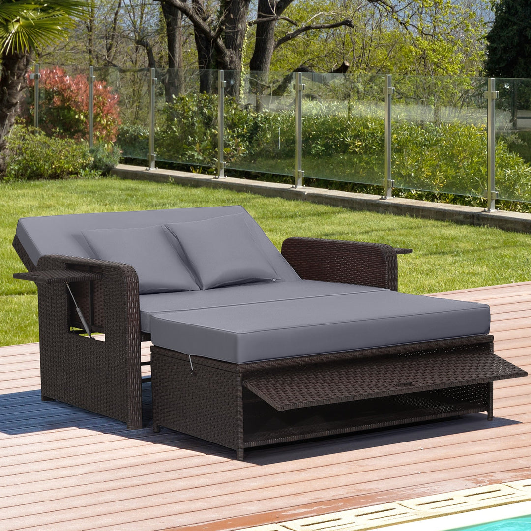 Outdoor Rattan Daybed with Adjustable Backrest & Ottoman
