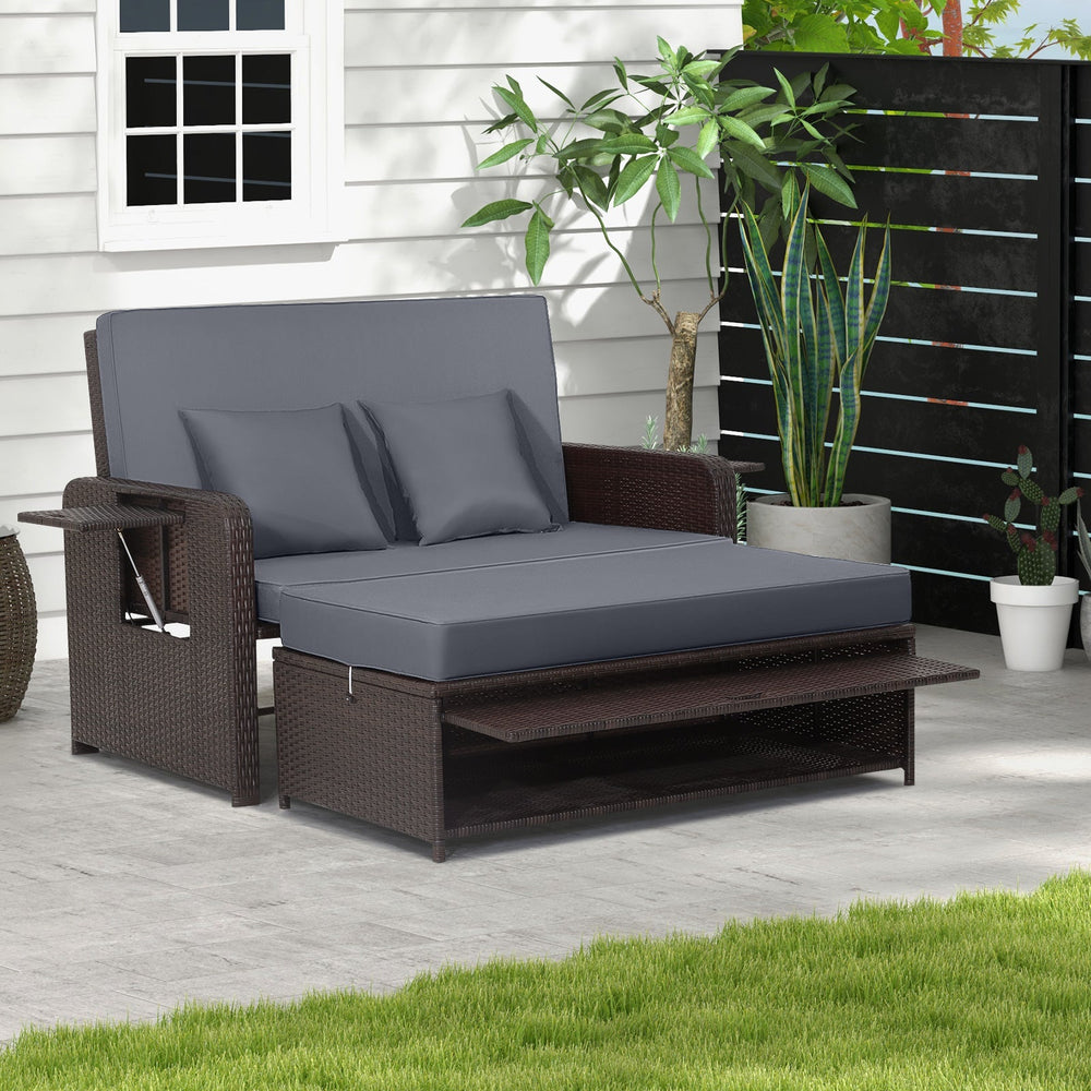 Outdoor Rattan Daybed with Adjustable Backrest & Ottoman