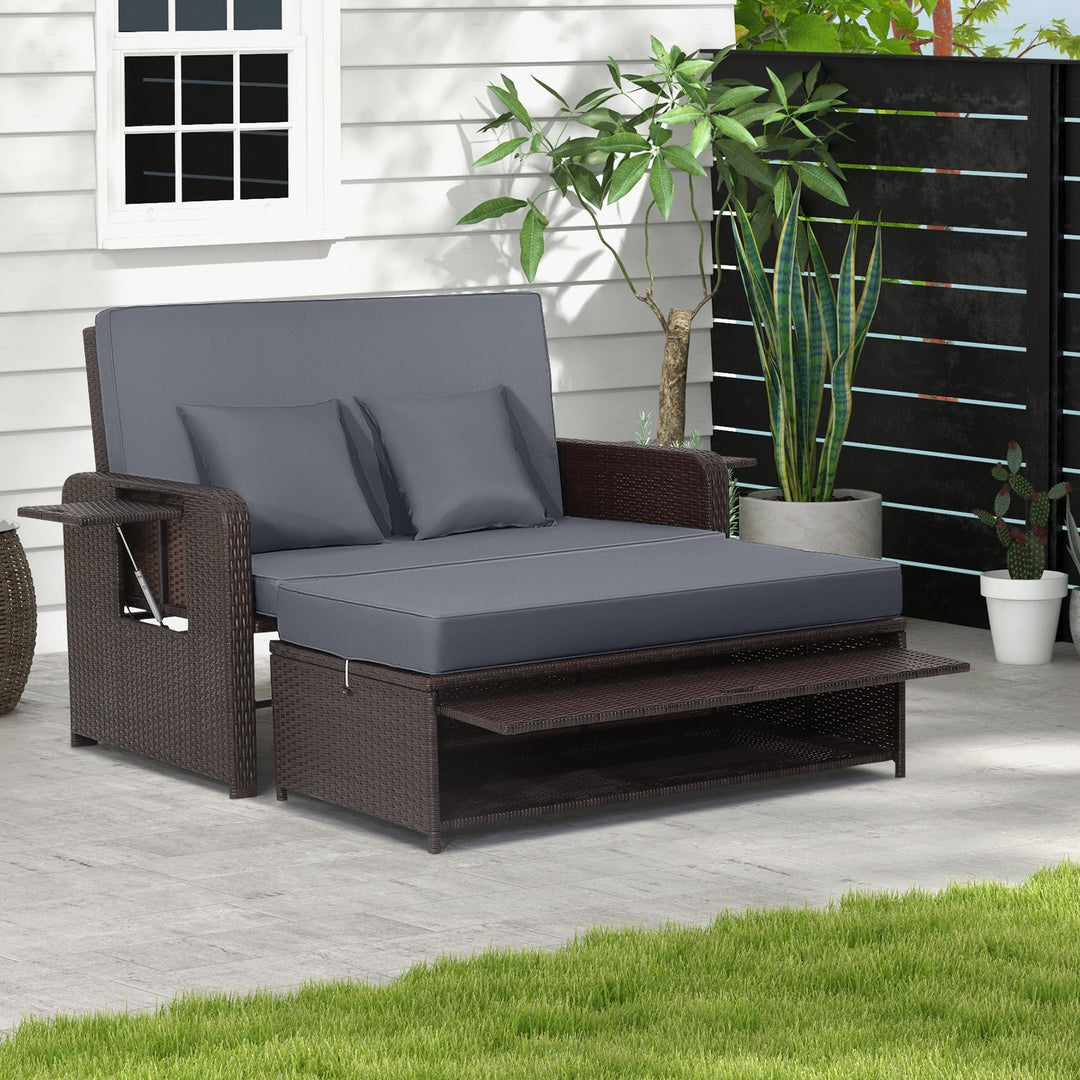Outdoor Rattan Daybed with Adjustable Backrest & Ottoman