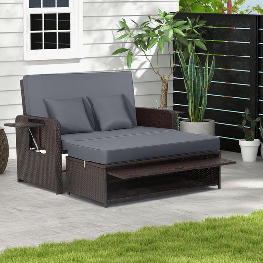 Outdoor Rattan Daybed with Adjustable Backrest & Ottoman