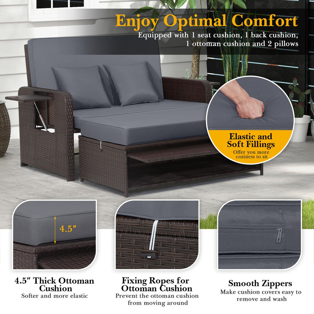Outdoor Rattan Daybed with Adjustable Backrest & Ottoman