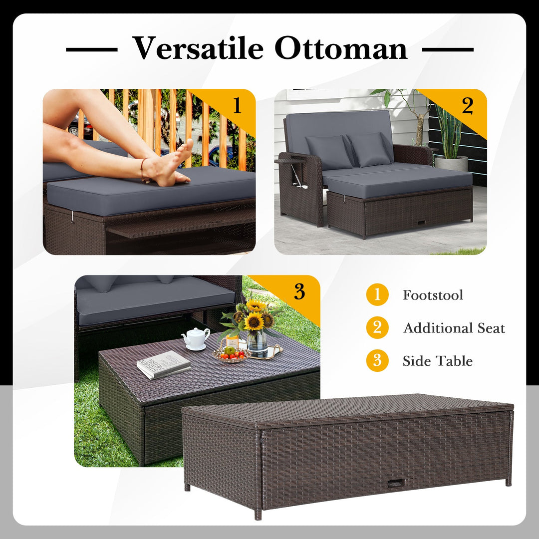 Outdoor Rattan Daybed with Adjustable Backrest & Ottoman