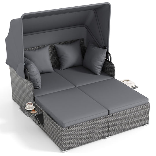 Patio Rattan Daybed with Retractable Canopy and Side Tables