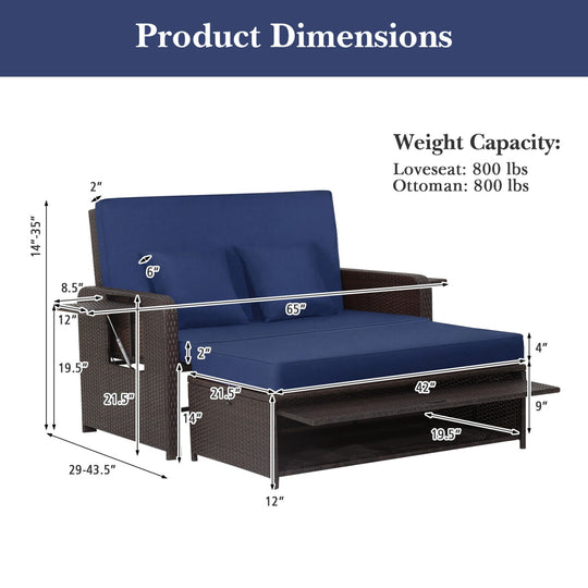 Outdoor Rattan Daybed with 4-Position Adjustable Backrest