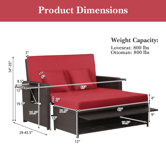 Patio Rattan Daybed with 4-Level Adjustable Backrest