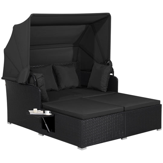 Patio Rattan Daybed with Retractable Canopy and Side Tables