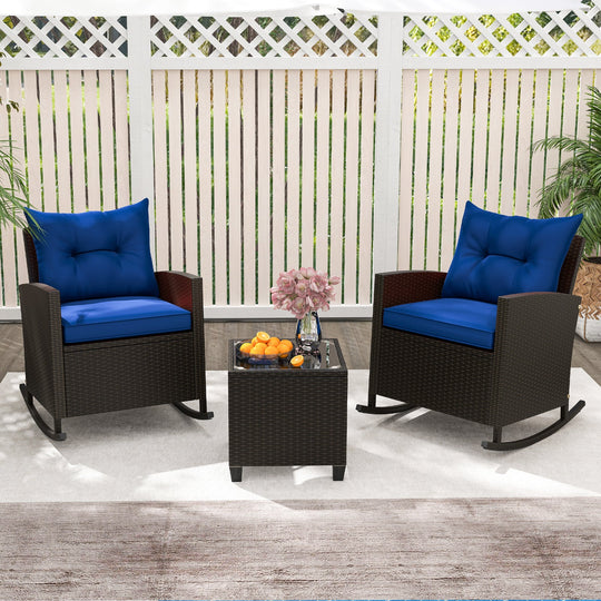Patio Rattan Roker Chairs with Tempered Glass Table and Soft Cushions for Backyard Poolside Porch