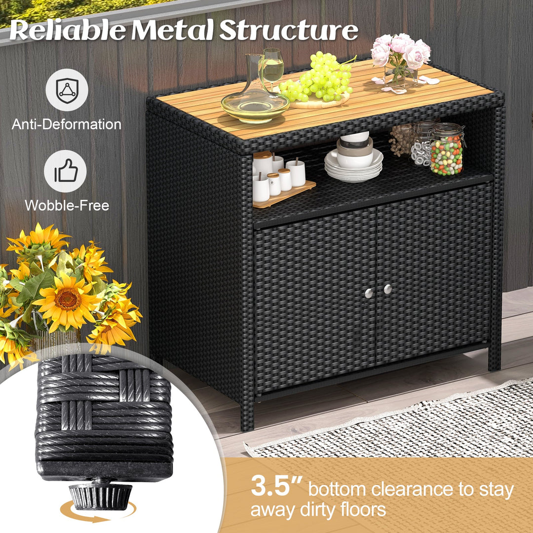 Rattan Storage Cabinet with Acacia Wood Countertop for Poolside Deck and Patio