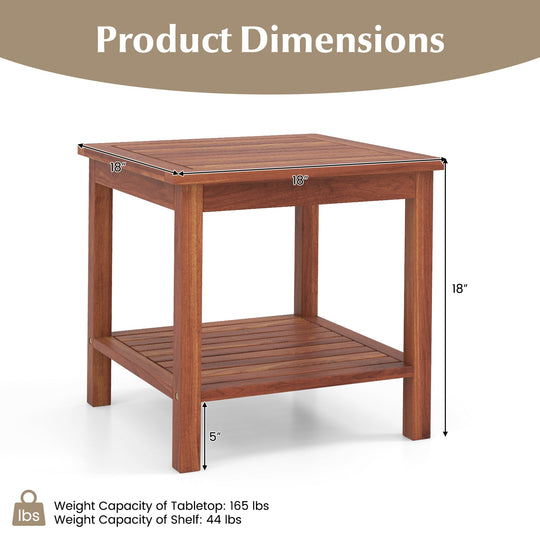 Set of 2 Double-Tier Acacia Wood Patio Side Table with Slatted Tabletop and Shelf