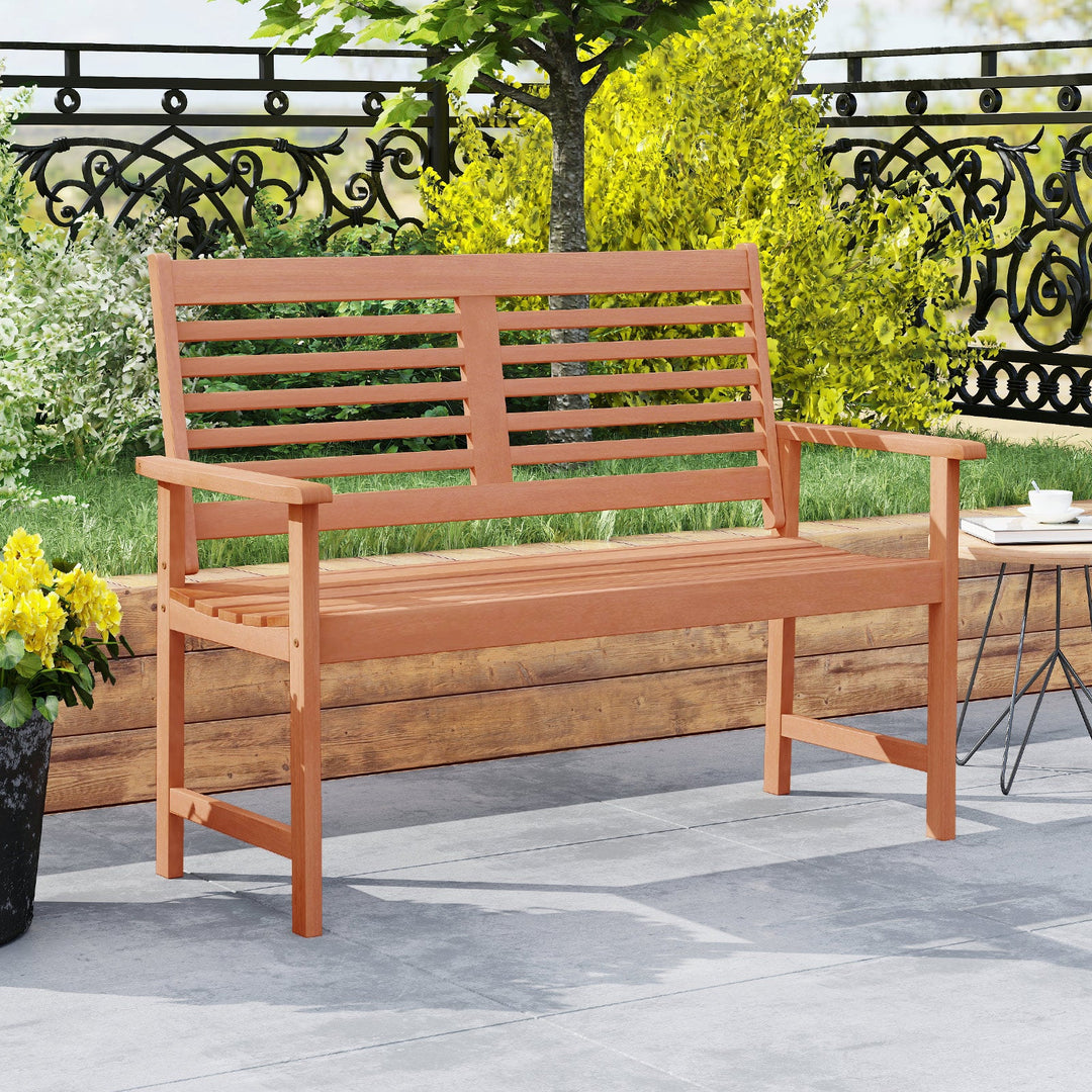 Patio Solid Wood Loveseat Outdoor 2-Seat Bench with Inclined Backrest and Slatted Seat