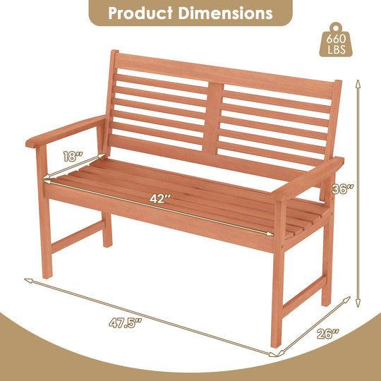 Patio Solid Wood Loveseat Outdoor 2-Seat Bench with Inclined Backrest and Slatted Seat