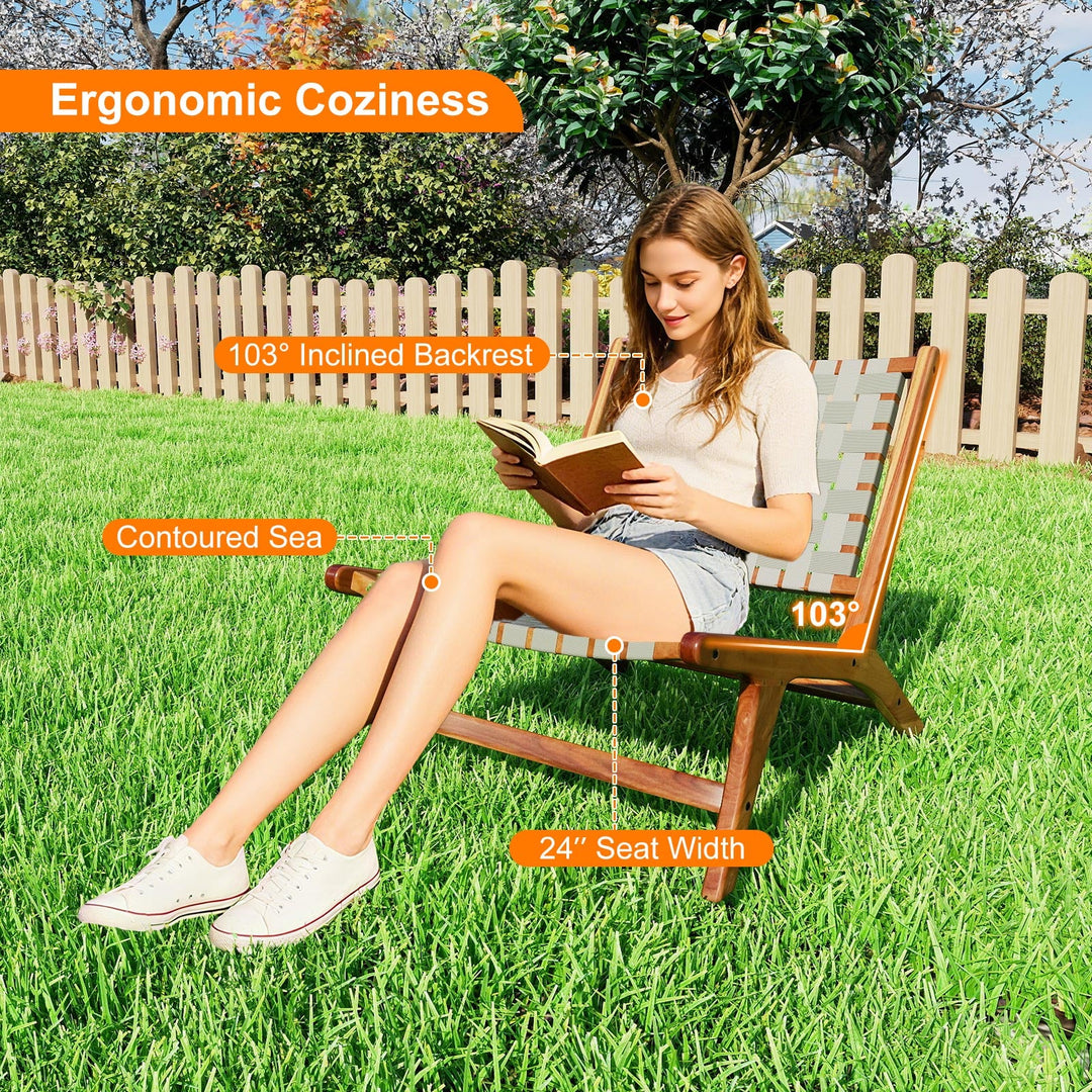 Patio Teak Wood Chair Outdoor Mid-Century Accent Chair with Nylon Webbing Seat